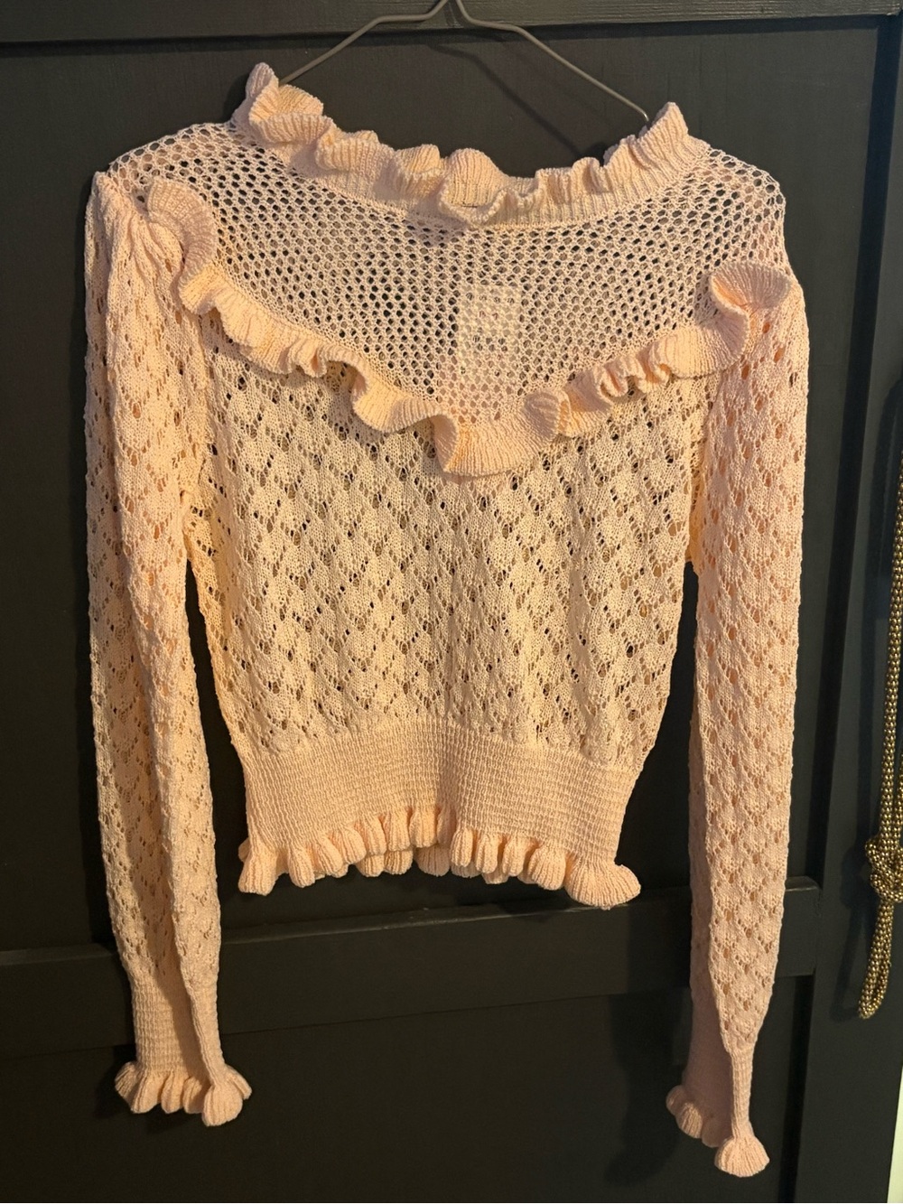 LF Pale Pink Ruffle Pointelle Crewneck Sweater